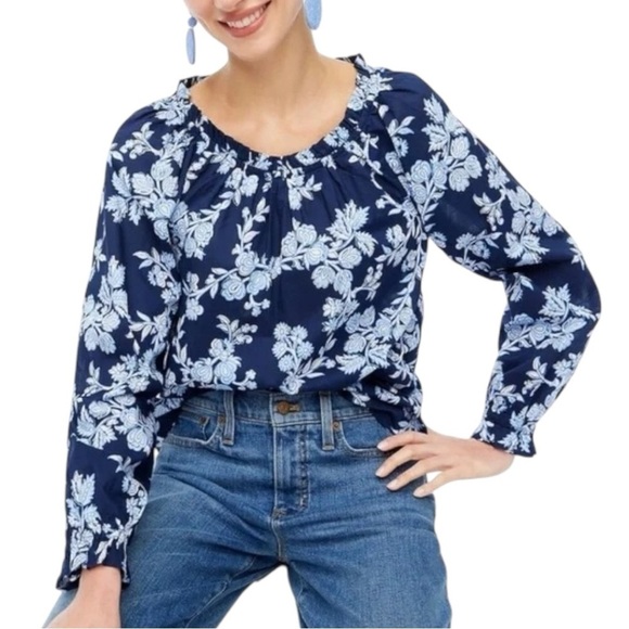 NWT J. Crew Factory Tie Back Ruffle Neck Top Blue Floral #BP805 - Picture 3 of 4